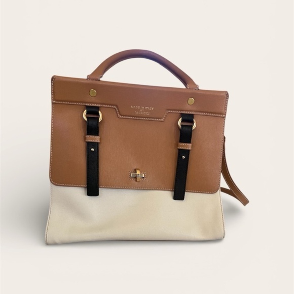 Facucci Made in Italy Leather Satchel Tan Cream Black Top Handle Crossbody